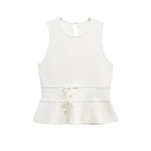 Haut en Tricot à Basques avec Nœud pour Femme Sans Manches Col Rond Doux Couleur Unie Blanc Tricotage Côtelé