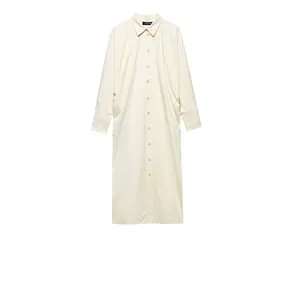 Damen Minimalistisch Langarm Hemd Maxi Kleid Beige Polyester Einreihig Revers A-Linie Streetwear Mode Kleid Für Büro Alltag