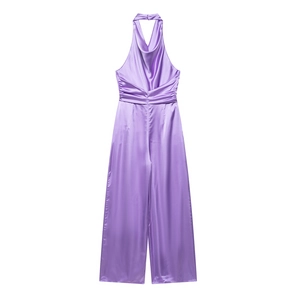 Elegant purple satin halter neck wide-leg jumpsuit for women with waist pleat details