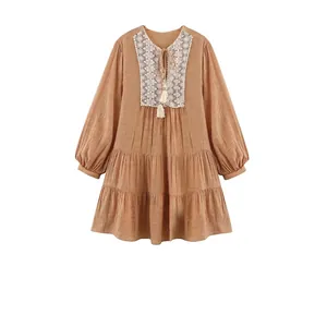Vestito Mini Donna Boho Inserti Pizzo Scollo V Nappine Maniche Lanterna Gonna Balze A-Line Vacanza Casual Largo Vestito