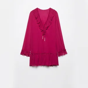 Damen Sommer Magenta Crinkle Minikleid Rüschen V-Ausschnitt Langarm Locker Casual Streetwear Party Quasten Schiffon Kleid