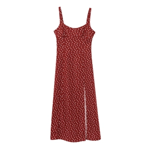 French style red polka dot midi cami dress with high side slit for summer fashion