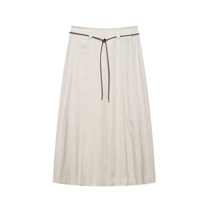 Chic beige A-line midi skirt set with a slim brown belt and vintage cotton-linen texture
