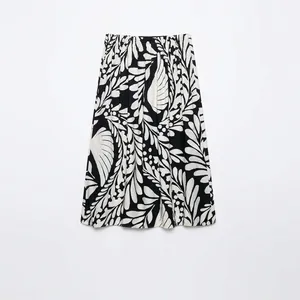 Jupe Midi Trapèze Vintage à Taille Haute pour Femmes Imprimé Feuilles Tropicales Noir et Blanc Jupe Parapluie à Taille Élastique