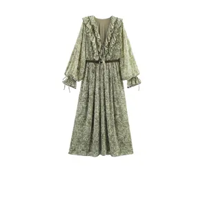 Robe Longue Femme Vintage Florale Col en V à Volants Avec Ceinture Vert Manches Longues à Étages Bohème Coupe Trapèze Été