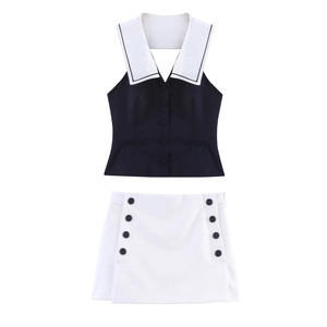 Women's two-piece set with black halter vest, sailor collar, and white buttoned mini skirt