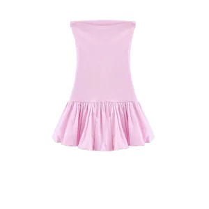 Damen Rosa Trägerloses Schlauchkleid Elegant Schlanke Passform Ballonsaum Rüschen Minikleid Sommer Streetwear Party Outfit