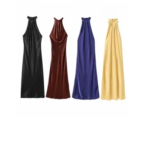 Robe Longue Élégante en Satin pour Femme Dos Nu Halter Sexy Taille Haute Sans Manches Robe de Soirée Banquet avec Nœud Arrière