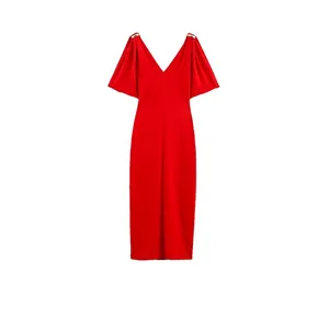 Abito Midi da Donna Elegante in Raso Rosso Estate Scollo a V Profondo Con Anelli in Metallo Dorato Manica Corta Linea ad A