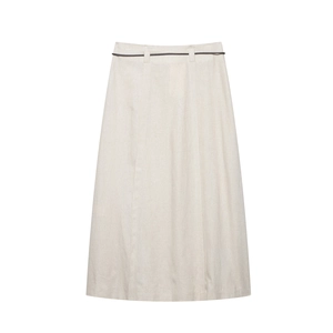 Beige cotton linen midi skirt with slim dark belt and textured stitching detail