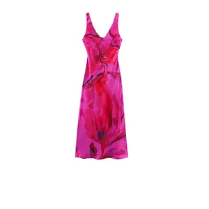 Robe Midi Sexy en Satin Imprimé Floral avec Dos Nu et Licou pour Femmes Été Élégante avec Nœud Torsadé Robe de Soirée