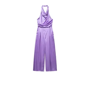 Women Elegant Purple Satin Halter Jumpsuit Cowl Neck Pleated Waist Wide Leg Sleeveless Casual Evening Party One Piece Outfit