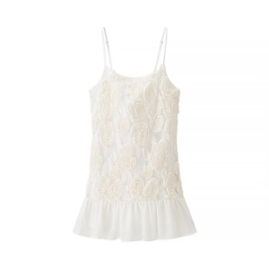 Robe Caraco à Patchwork de Fleurs 3D pour Femmes Blanc Col en V Ourlet à Volants Fines Bretelles Mini Robe Ligne A Streetwear