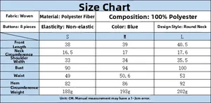Detailed size chart for blue button-up denim vest showing S, M, L measurements in centimeters