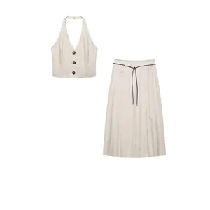 Women Summer Halter Neck Crinkled Vest Top And A-Line Midi Skirt Solid Color Polyester Streetwear Casual Clothing Outfit