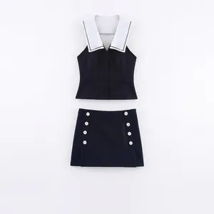 Women Contrast Color Sailor Collar Button Vest Or Skort Preppy Backless Polyester Sleeveless Top Or Bottom Casual Nautical Outfit