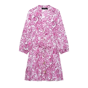 Summer V-neck white floral print dress with drawstring waist and ruffle hem detail