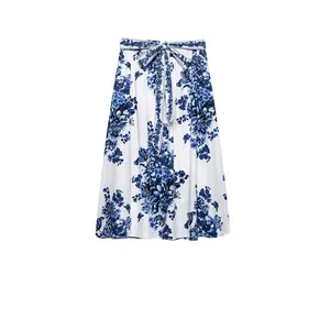 Jupe Midi Vintage à Imprimé Floral Bleu et Blanc pour Femmes Taille Haute Avec Nœud à Nouer Élégante Jupe Parapluie Trapèze Mode Printemps