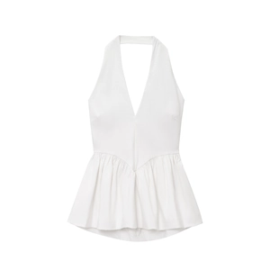 Modern white halter neck peplum top featuring a deep V-neck and ruffled hem design