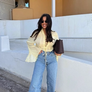 Elegant Women Lace Up V Neck Chiffon Blouse Fashion Flare Sleeve Solid Color Loose Summer Shirt Top For Ladies