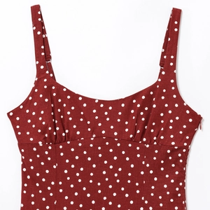 French style polka dot dress in dark red featuring adjustable straps and pleated chest