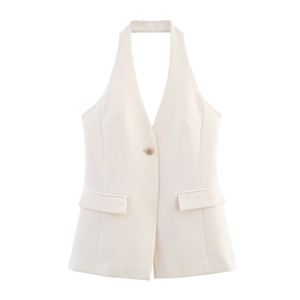 Women's cream halter neck vest with single button closure and flap pockets