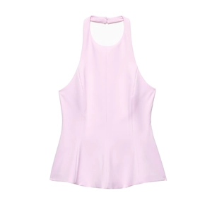 Elegant light pink halter sleeveless top for women with a sleek A-line silhouette