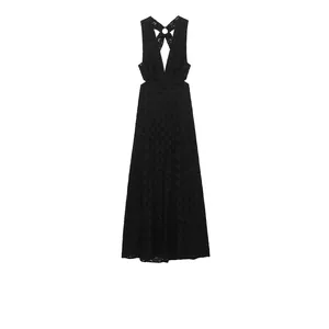 Women Sexy Halter Deep V-Neck Backless Eyelet Embroidered Maxi Dress Hollow Out Summer Vacation Beach Black Long Dress