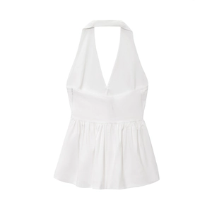 Women Sexy Halter Neck Deep V Peplum Top Sleeveless Ruffle Hem Backless Solid Color Summer Blouse Elegant White Casual Top
