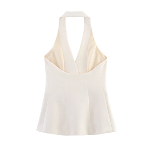 Elegant women's white halter neck vest with deep V-neck and button closure in suit fabric