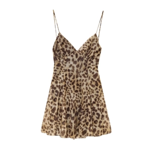 Women's summer fashion leopard print spaghetti strap V-neck mini dress in stylish brown