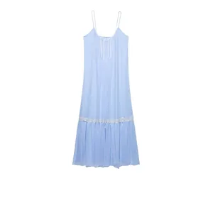 Elegant Women's Lace Trim Pleated Slip Dress V Neck Thin Straps Crinkle Texture Light Blue Summer Midi Dress