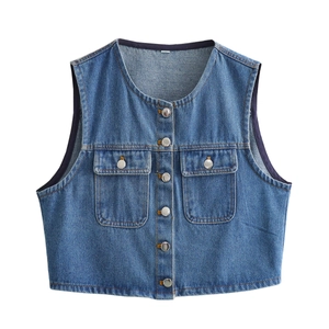 Classic blue denim vest for women with silver buttons and front flap pockets