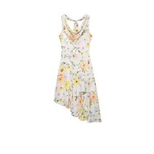 Elegant Women Floral Cowl Neck Halter Dress Sleeveless Backless Asymmetric Hem Sexy Summer Vacation Print Midi Dress