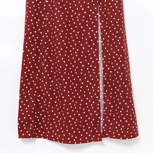 French style red polka dot midi dress featuring a stylish side slit and airy hemline