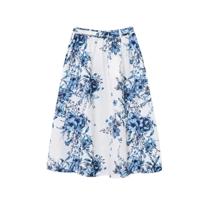 Women's summer two-piece set featuring a floral print midi skirt with matching belt