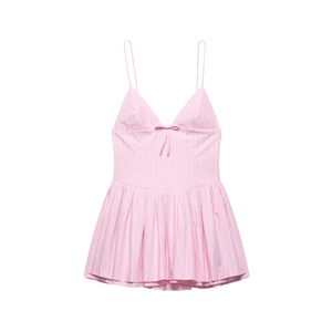 Elegant pink striped camisole dress with spaghetti straps and bow detail on white background