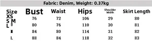 Size chart for women sleeveless denim dress with measurements in XS S M and L