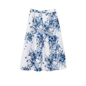 Floral A-line midi skirt with high waist, blue flower pattern, and matching waist belt