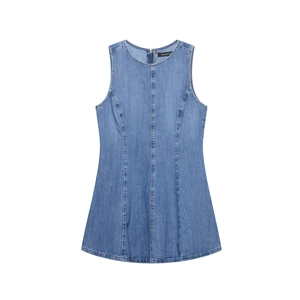Women's 2025 summer mid-blue denim dress with sleeveless design and single-breasted detail