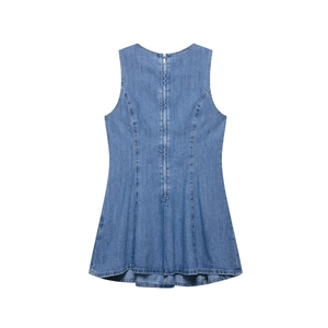 Women's sleeveless denim dress in mid-blue with back zipper and A-line silhouette