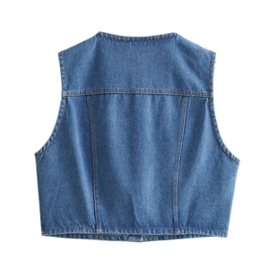 Detail view of denim vest back featuring classic wash and yellow contrast stitching