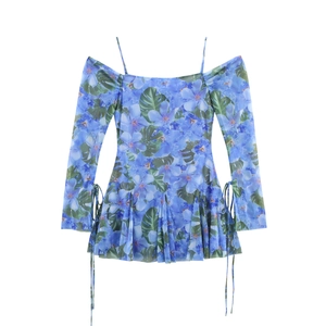 French Vintage Floral Print Mesh Mini Dress Women Off Shoulder Long Sleeve Drawstring Pleated Vacation Style Blue Dress