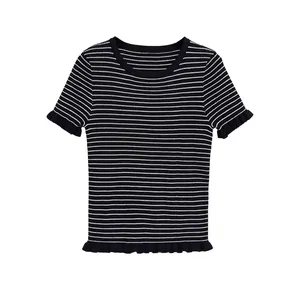 Haut en Maille à Rayures pour Femmes Manches Courtes Bordure Ondulée Coupe Slim Col Rond T-Shirt Côtelé Mélange de Coton