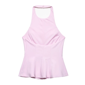 Women's light pink sleeveless halter neck top with ruffled hem and side zipper detail