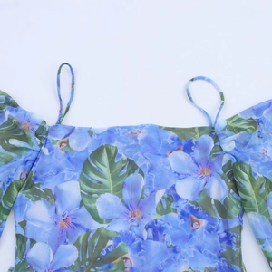 French retro floral blue mesh summer dress with spaghetti straps and tropical leaf print