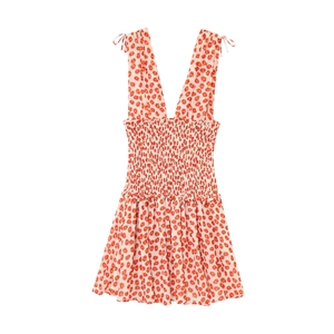 Floral print summer mini dress with deep V-neck, smocked waist and tie-shoulder straps