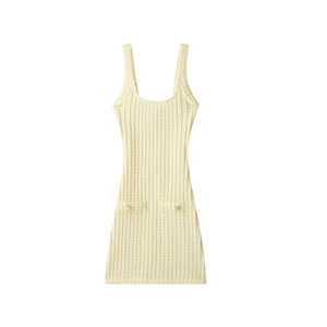 Elegant pale yellow knit mini dress with square neck and gold buttons on pockets