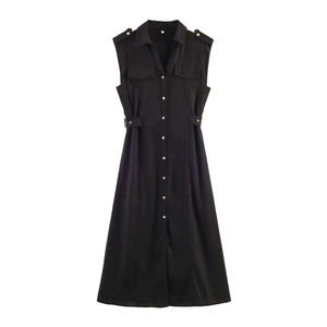 Detail view of black sleeveless dress with utility pockets and button-down front