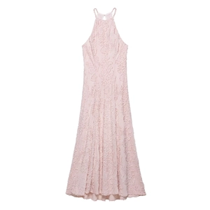 Elegant halter neck maxi dress in soft pink featuring textured feather tassel jacquard